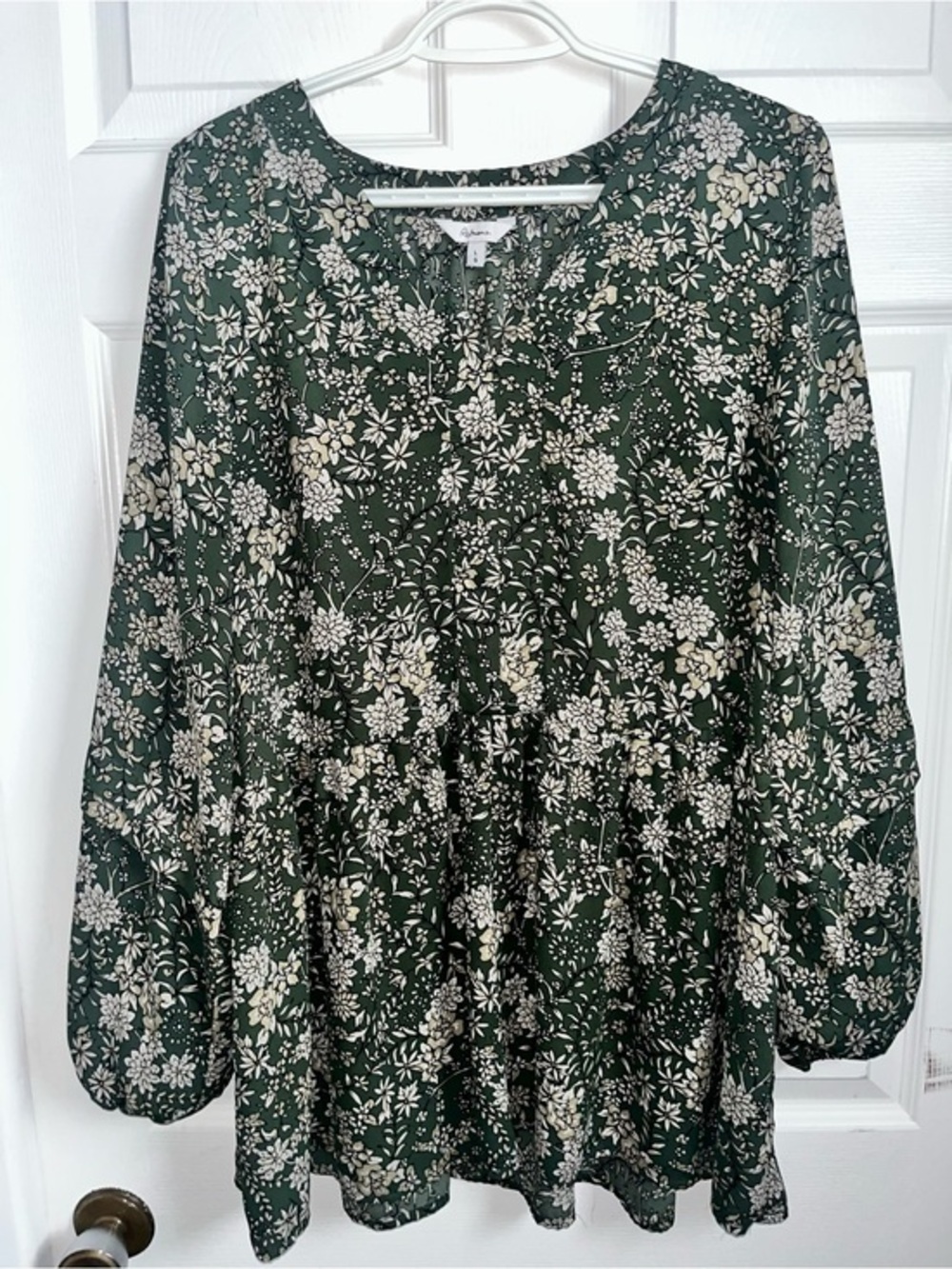 Reitmans Dress Boho Tunic Floral Green Large Women Puff Long Sleeve Mini Summer